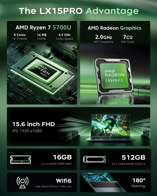 15.6 Inch Gaming Laptop with Ryzen 7 5700U (Processor up to 4.3GHz) 8C/16T - 16GB RAM DDR4